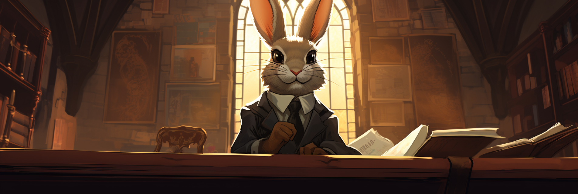 Ein Hase als Richter sitzt in einem mittelalterlich wirkenden Kanzleizimmer